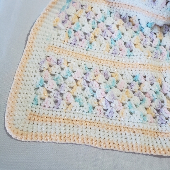 Handmade Baby Blanket Crochet Knit Pastel Shimmer Pink Purple Blue Peach White - Picture 2 of 9